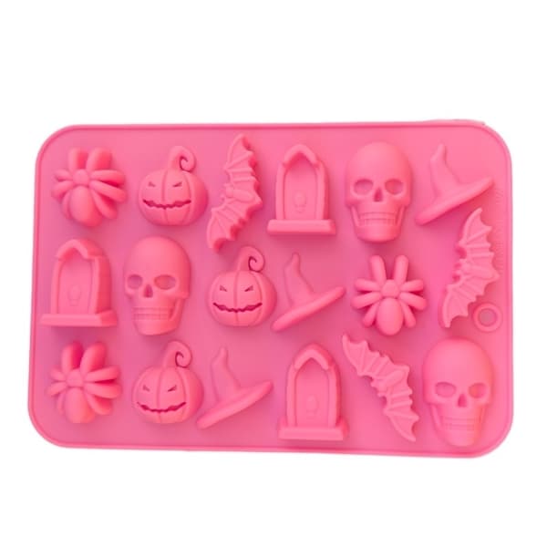 Silikoneform til Halloween – Kranier, Flagermus, Græskar & Edderkopper Rosa pink