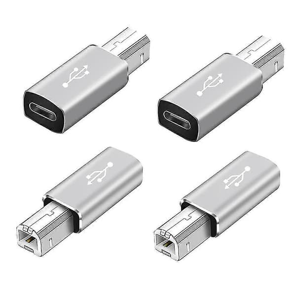 4-pakkaus USB C - USB B -sovitin, Type C - USB Midi -sovitin yhteensopiva Midi-ohjaimen, Midi-koskettimiston, ääniliitännän kanssa, hopeanharmaa