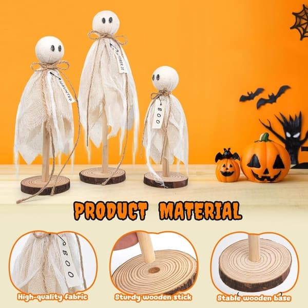 3-pack Wooden Ghost Decoration - Halloween Decoration Rustic Figures for Shelf, Table & Ghost Party_OF