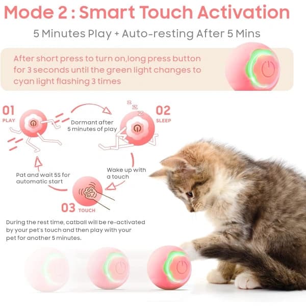 Interactive Cat Toy Ball with LED Light, Automatic Rotating Smart Ball for Indoor Cats, USB Rechargeable (Pink)