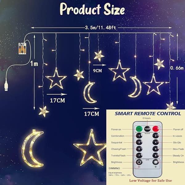 LED Ramadan lyskæde 3,5 m lysgardin indendørs USB/batteri stjerne måne varm hvid
