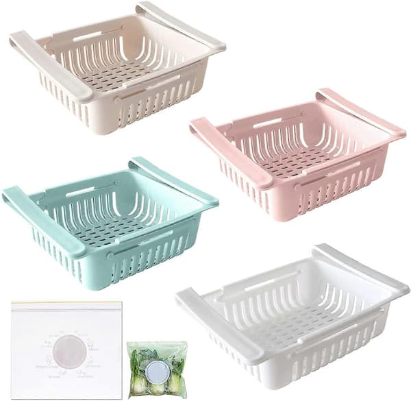 4-pack Refrigerator Drawers & 30 Pcs Sealable Bags, Extendable Refrigerator Storage Box for Refrigerator Shelf Under 0.5 Inch