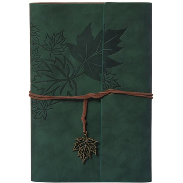 Vintage leather notebook A5 16.5x23.5 cm 80 sheets maple leaf pattern green