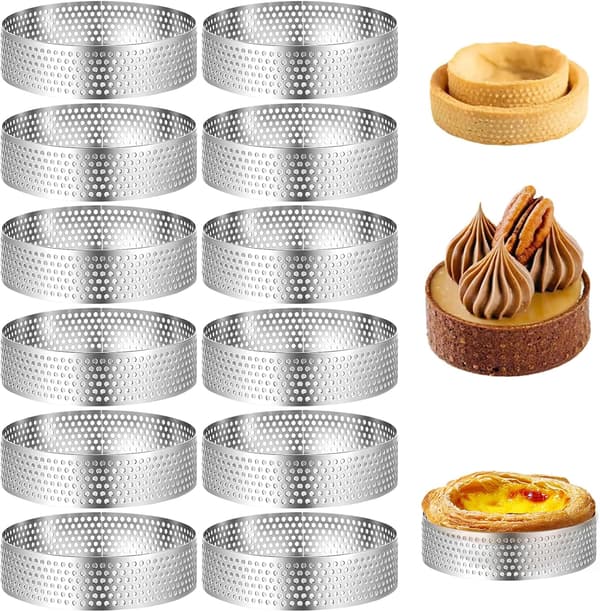 12 Mousse Ringe 6 cm - Rustfri stålforme med huller - Til dessertkage og minipizza - Perforerede bageforme til mousse og bagværk
