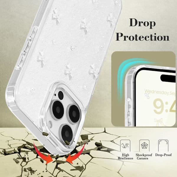 Compatible with iPhone 16 Pro Max, Bling Glitter 3D Bow Phone Case Sparkling Crystal Clear Bow Slim Soft Durable Protective Cover White 16 Pro Max White 16 Pro Max