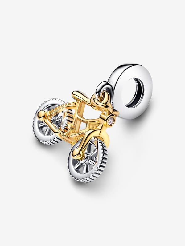 Two-tone Bicycle Charm with Spinning Wheels - Sterling Silver, 14k Gold Plating