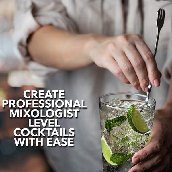Cocktailmuddler i rustfrit stål og røreske med cocktailopskriftsbog