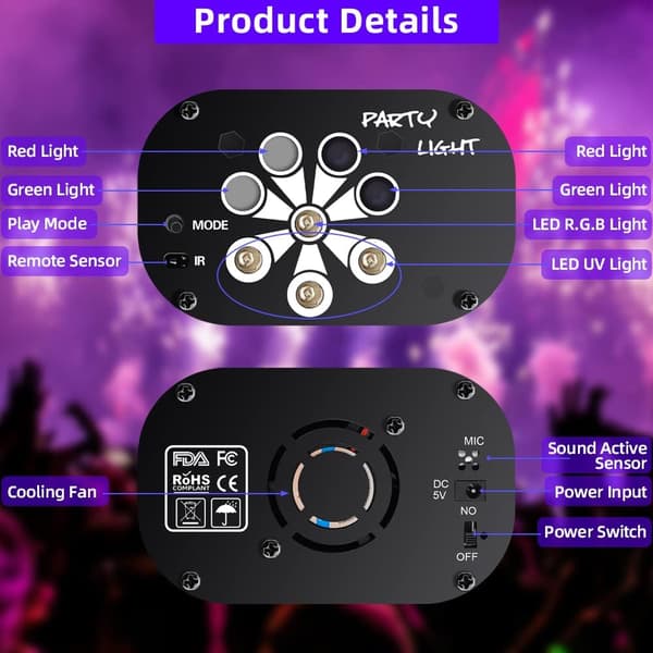 LED-festbelysning lydaktivert discolampe med fjernkontroll DJ 8 lys