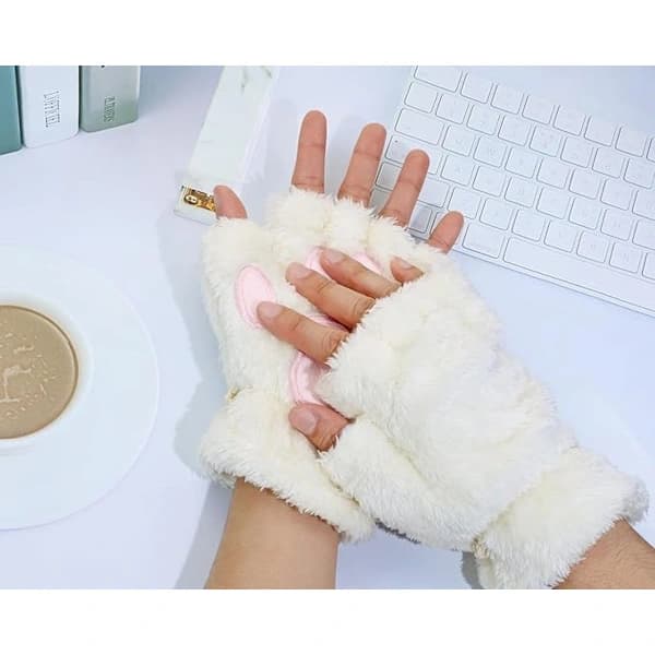 Handskar - 1 par - Vinterhandskar - Tecknade handskar - Fingerlösa handskar - Barnhandskar - Varma handskar - Plyschhandskar - One size (Vit)