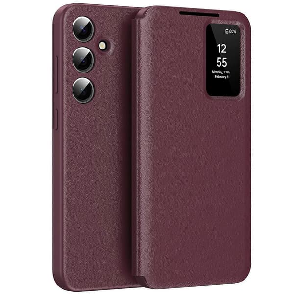 For Samsung Galaxy A56 5G Case with Card Holder Smart View Window Leather Phone Case - Wine Red-FX-