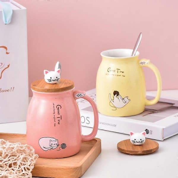 Katte-krus keramisk kaffekrus med låg og ske lyseblå