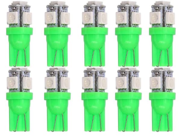 T10 w5w gröna LED-lampor, SMD5050, 10-pack, 12V DC.