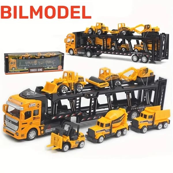 32 cm metallinen leluauto, jossa on 6 minirakennusajoneuvoa