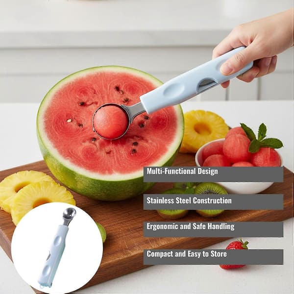 3-i-1 Frugtskærer med Melonudstikker Rustfrit Stål Vandmelonsskærer Ergonomisk Håndtag Blå