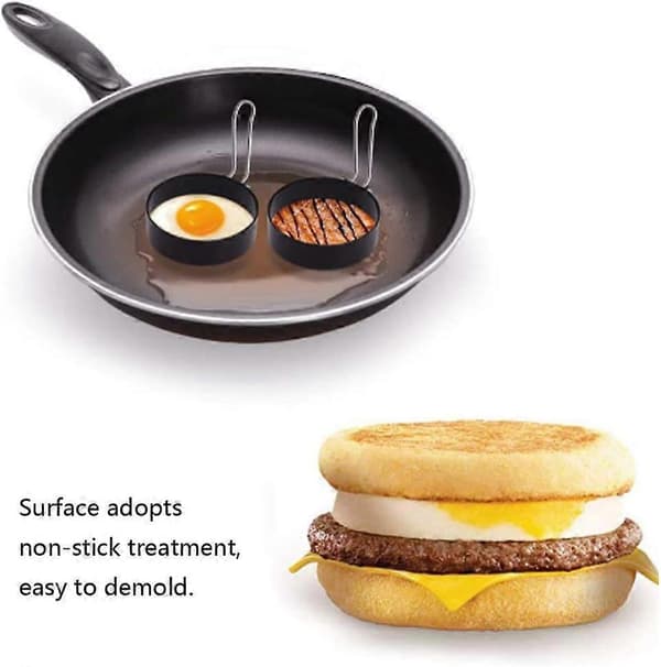 2-pakke eggeringer i rustfritt stål, non-stick med håndtak for stekte egg, pannekaker, muffins