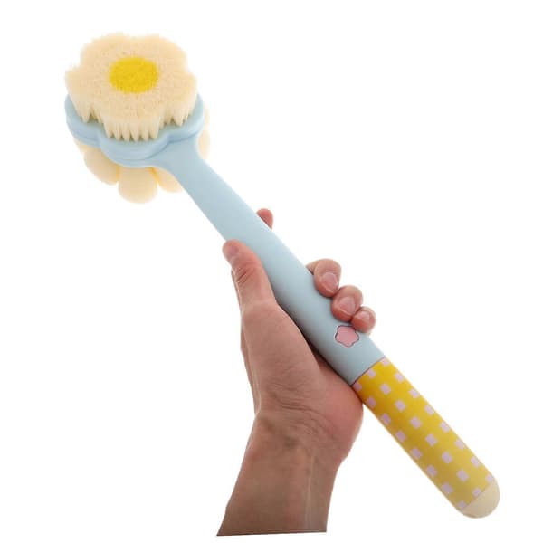 【LD】Long Handle Bath Brush and Back Scrubber with Built-in Foot File, Double-Sided Soft Bristles