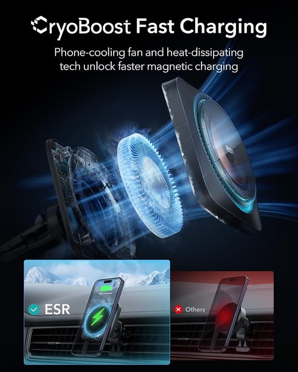 ESR MagSafe bilholder-lader med CryoBoost, magnetisk trådløs billader