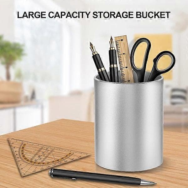Pennholder til skrivebord i metal, holder til makeupbørster, 9,98 x 7,98 cm (Sølv)