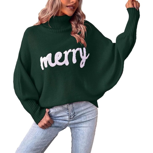 Dame Merry Sweaters Turtleneck Langermet Brevtrykk Løs strikket Pullover Merry Christmas Swea Large Dark Green