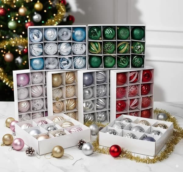 12 elegante røde julekuler Ø6cm – spesialformede rutete i eske for tredekorasjon