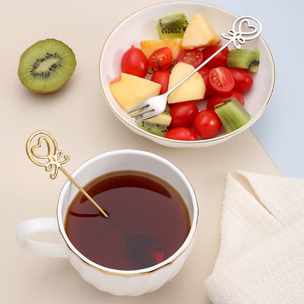 Octopus Heart Fork and Spoon Set, Dessert Fork and Spoon Small Cake Spoon, Stainless Steel Coffee Spoon (4 Pieces)
