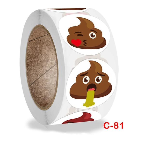 Roll of 500 self-adhesive round wrapping labels, poop theme, approx. 25 mm