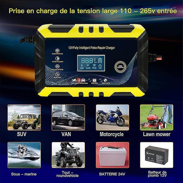 Bilbatterioplader 12V 6A Smart Batterioplader LCD-display Vedligeholder Sort/Gul