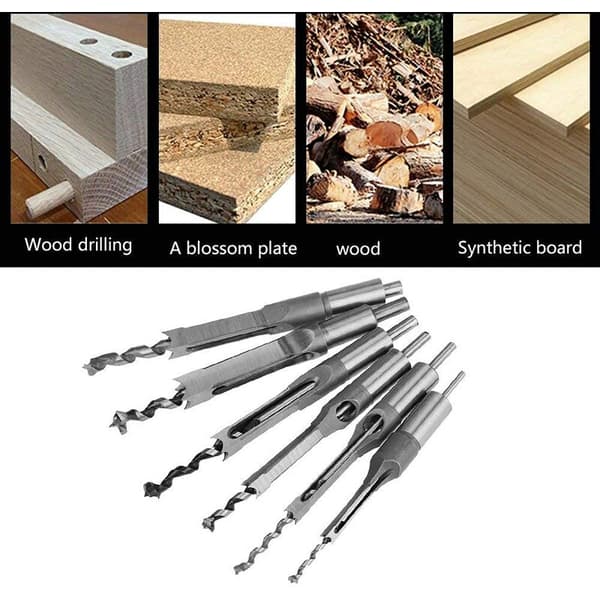 6 Pieces Square Hole Drill Bit Set, Woodworking Square Hole Drill Bit Sets, Mortise Chisel & Bit Set Square Hole Saw Drill, 6 Sizes