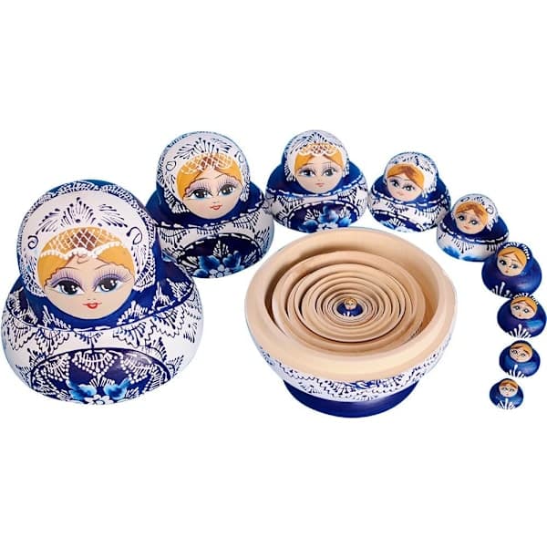 Venäläiset Matryoshka-nuket, 10 osaa, käsintehtyjä, lahjoja, leluja (sininen)