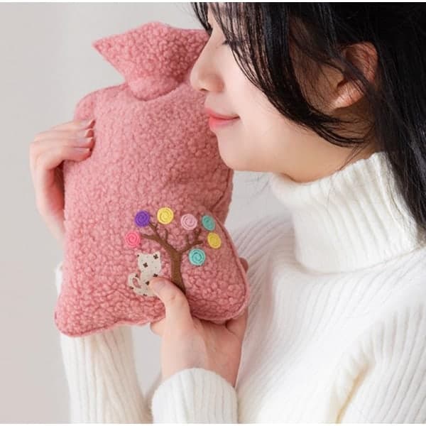 Water-filled plush embroidered hot water bottle 1300ml capacity