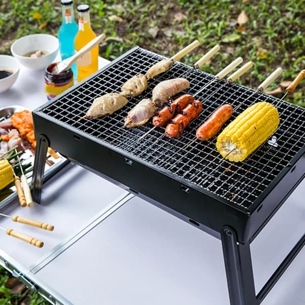 Bærbar kulgrill, sammenklappelig i rustfrit stål og jern til camping, udendørs picnic, sort 26 x 29 x 20 cm