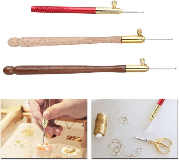 Broderinåler, 3 stk i rustfritt stål med trehåndtak, for broderi, perling og paljetter