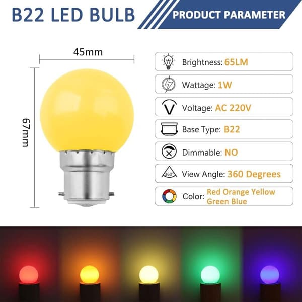 10 kpl B22 1W LED-värivaloja G45, punainen, vihreä, sininen, oranssi, keltainen