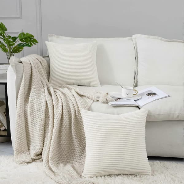 White Decorative Throw Pillow Covers Set 40x40 cm, Soft and Comfortable Ribbed Pillow Case, 2-Pack, Striped Decoration