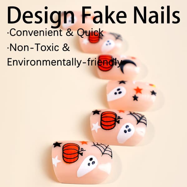 Halloween Press-on Nails Short Square - 24 Full Cover False Nails with Spooky Design-FX-