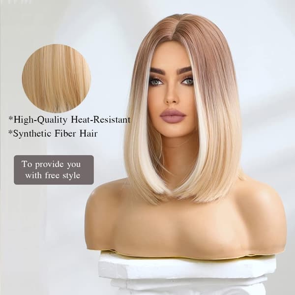 Kort rett ombre blond bob syntetisk parykk