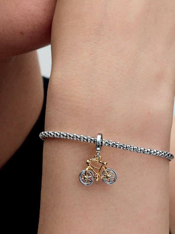 Two-tone Bicycle Charm with Spinning Wheels - Sterling Silver, 14k Gold Plating