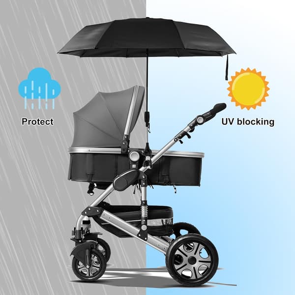 Universal Stroller Parasol 360° Adjustable Stroller Umbrella UPF 50+ Sun Protection Stroller Parasol with Adjustable Clamp Black Black