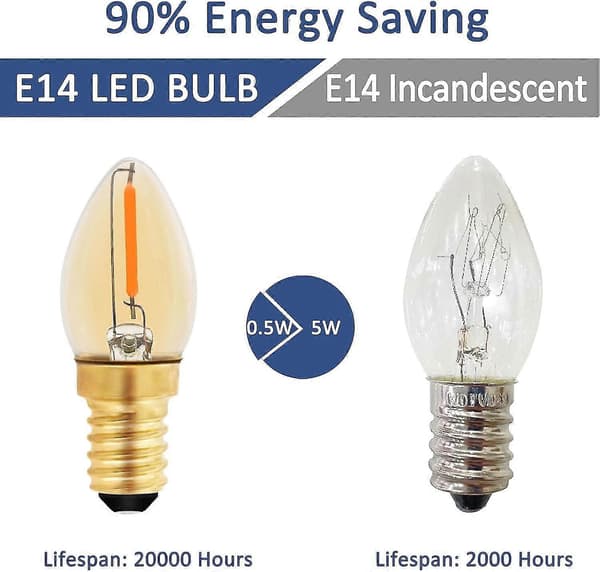 C7 LED Candle Bulb E14, 0.5W Equivalent 5W, Amber LED Filament Bulb E14 Candelabra 2200K Warm White, Non-Dimmable, 6-Pack
