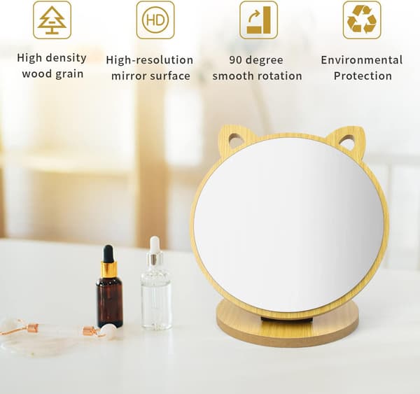 Makeup Stand, Table Mirror Creative Cat Ear Shape, Adjustable Angle Desk Mirror, Table Mirror with Wooden Base - Cute Makeup Mirror