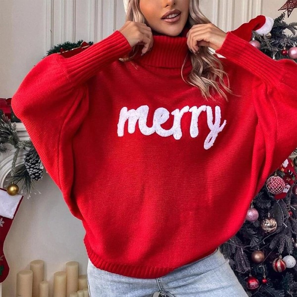 Dame Merry Sweaters Turtleneck Langermet Brevtrykk Løs strikket Pullover Merry Christmas Swea Medium Rose Red