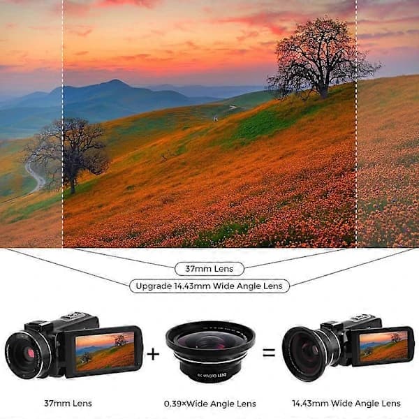 Makro + Vidvinkelobjektiv 0.39X Full HD til 4K videokamera, 37mm/72mm, Sort
