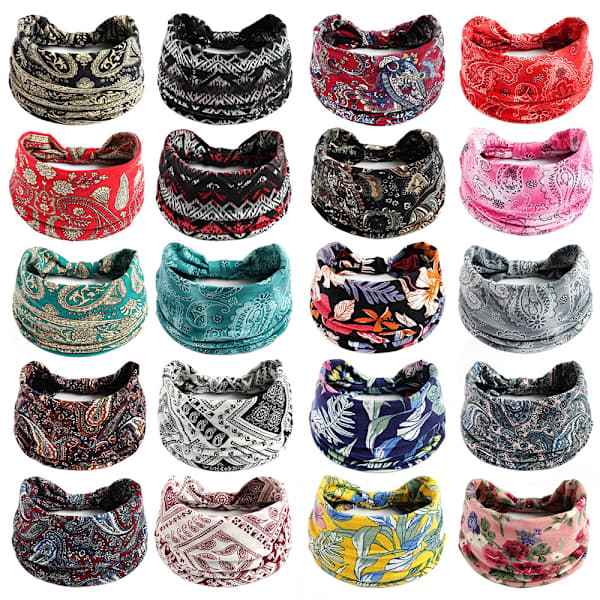 Boho Blomstertrykk Bredt Hodebånd Elastisk Turban Hodeplagg for Kvinner Jenter Bomull Bandana Hårtilbehør