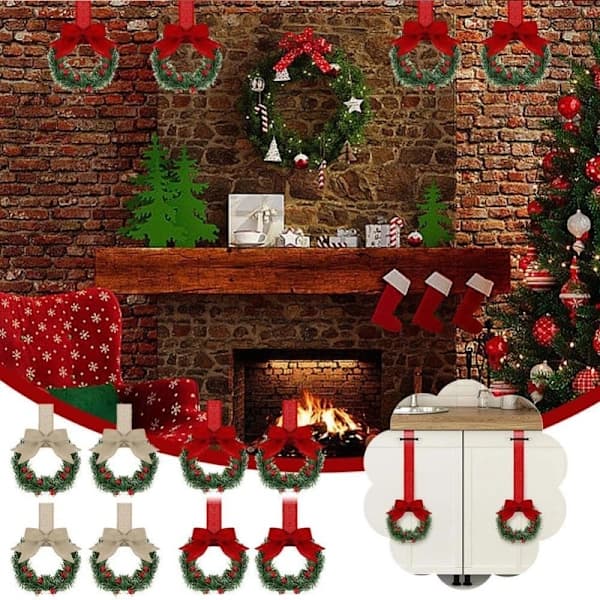 Christmas Wreath for Cabinets with Rowan Berries & Bow - Festive Decoration for Kitchen and Windows - 4-PACK Red