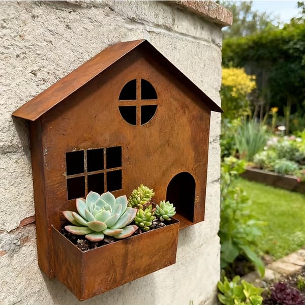 3D Smidesjärn Husplanterare - Rustik Blomfat för Suckulenter - Utomhus Trädgårdsdekor Rusty House Flower Pot