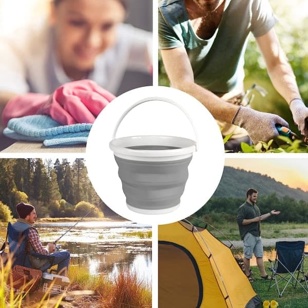 10L Sammenfoldelig Spand, Grå, til Husholdning, Biler og Camping