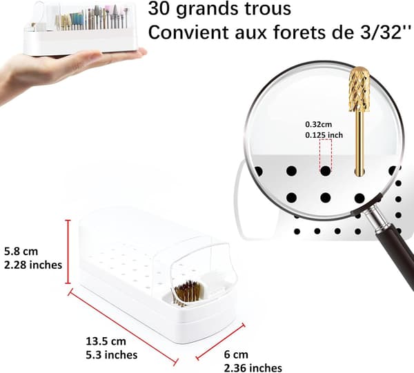 Large Nail Drill Bit Box (Tools Not Included) White, 2-in-1 Nail Drill Bit Box