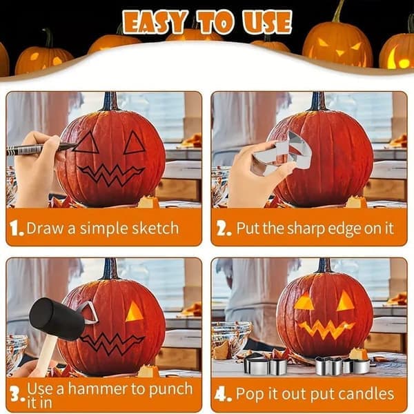 12-pack Halloween Pumpkin Carving Molds in Stainless Steel – Jack-O’-Lantern Engraving Tools with DIY Templates