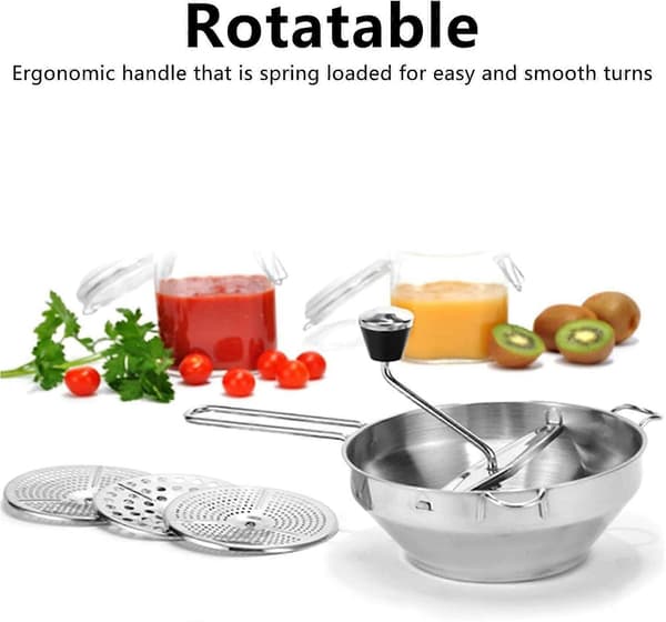 Roterende matkvern med 3 utskiftbare skiver i rustfritt stål for tomatsaus, potetmos