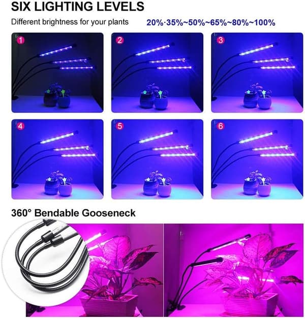 60 LED Vekstlampe Fullspektrum 3 Hoder Innendørs 3/9/12T Timer 3 Lysstyrkemoduser
